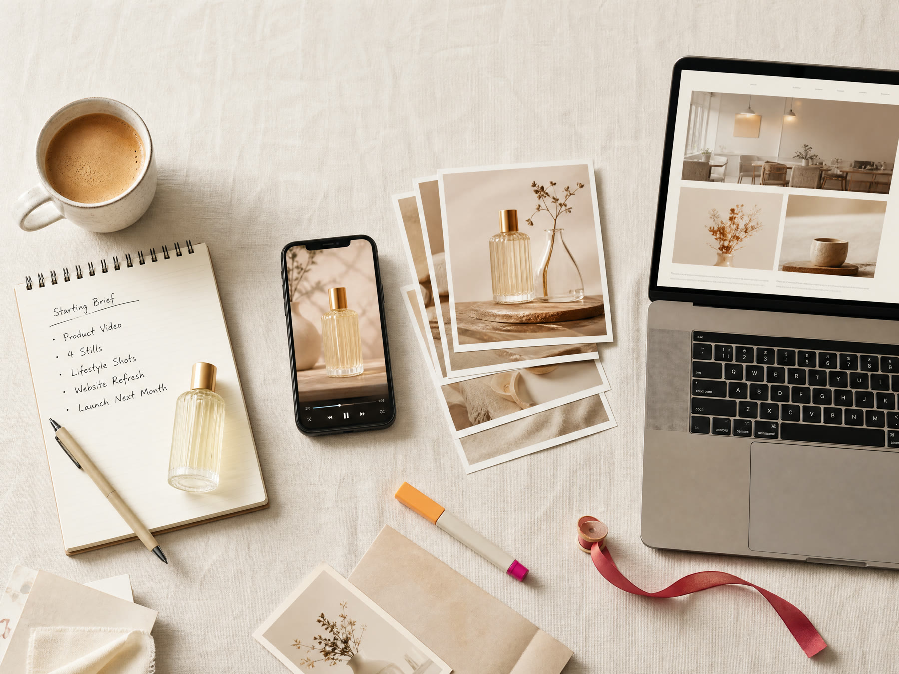 A small business desk: the brief on the left, the work in the middle, the finished website on the right